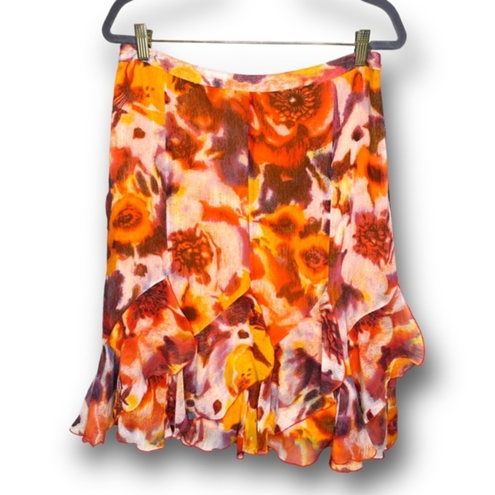 Peter Nygard Size 12 Petite Orange Floral Ruffle Pure Silk Lightweight Skirt